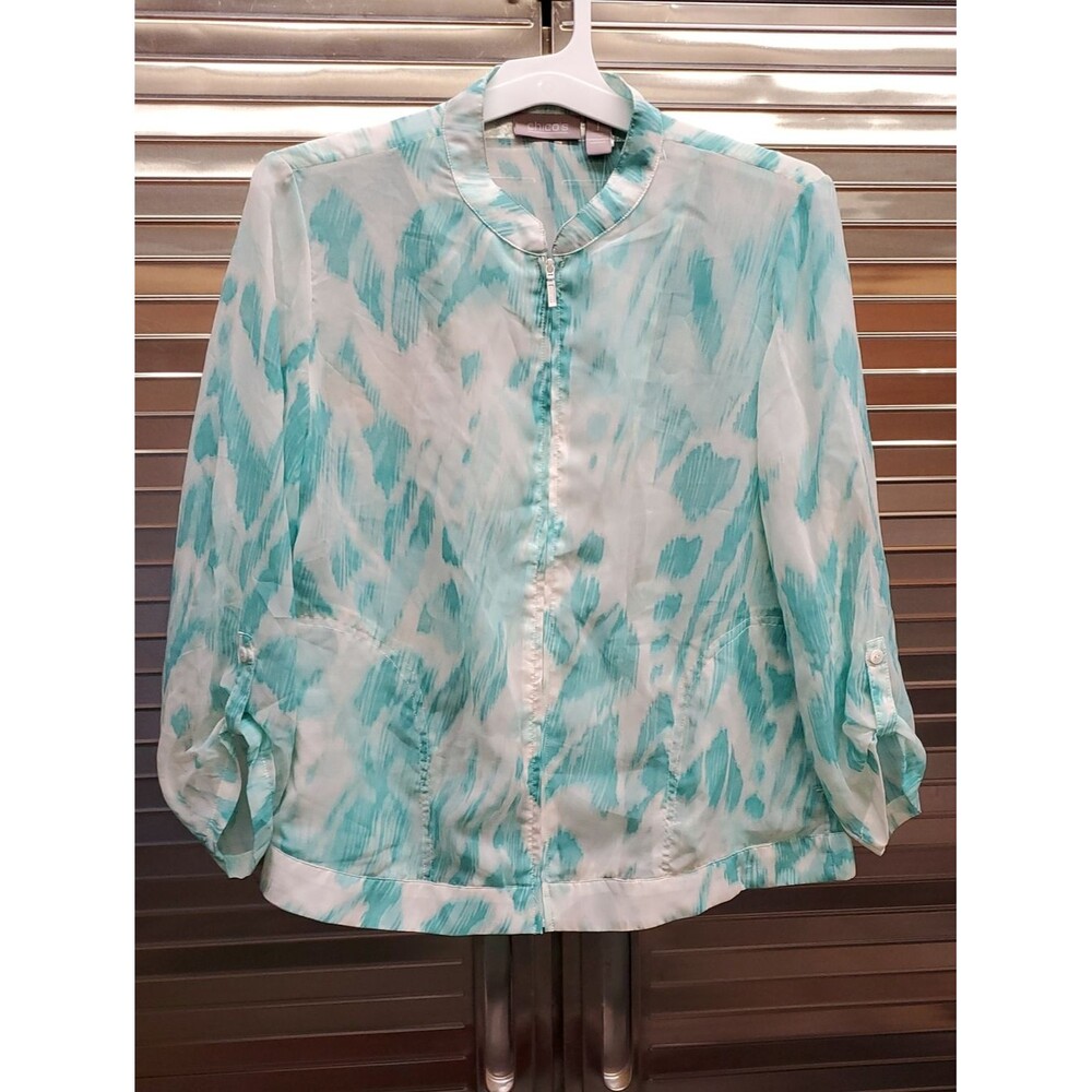 Chico's Aqua and White Sheer Zip-Front Blouse